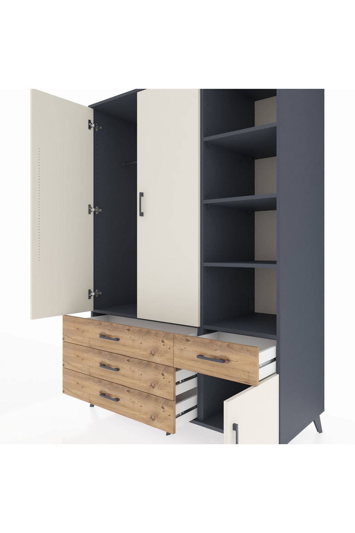 Kronos Dolap 5 Raflı 4 Çekmeceli Tek Askılı 132x59x195 Antrasit-Aytaşı/Çam