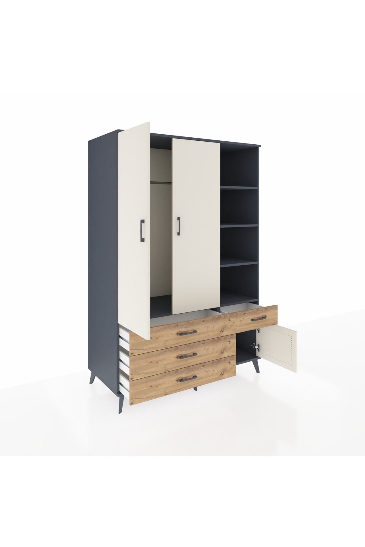 Kronos Dolap 5 Raflı 4 Çekmeceli Tek Askılı 132x59x195 Antrasit-Aytaşı/Çam