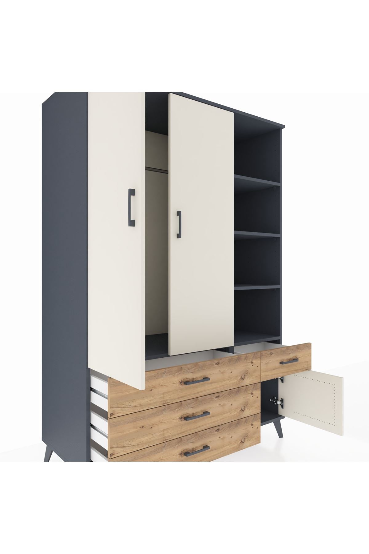 Kronos Dolap 5 Raflı 4 Çekmeceli Tek Askılı 132x59x195 Antrasit-Aytaşı/Çam