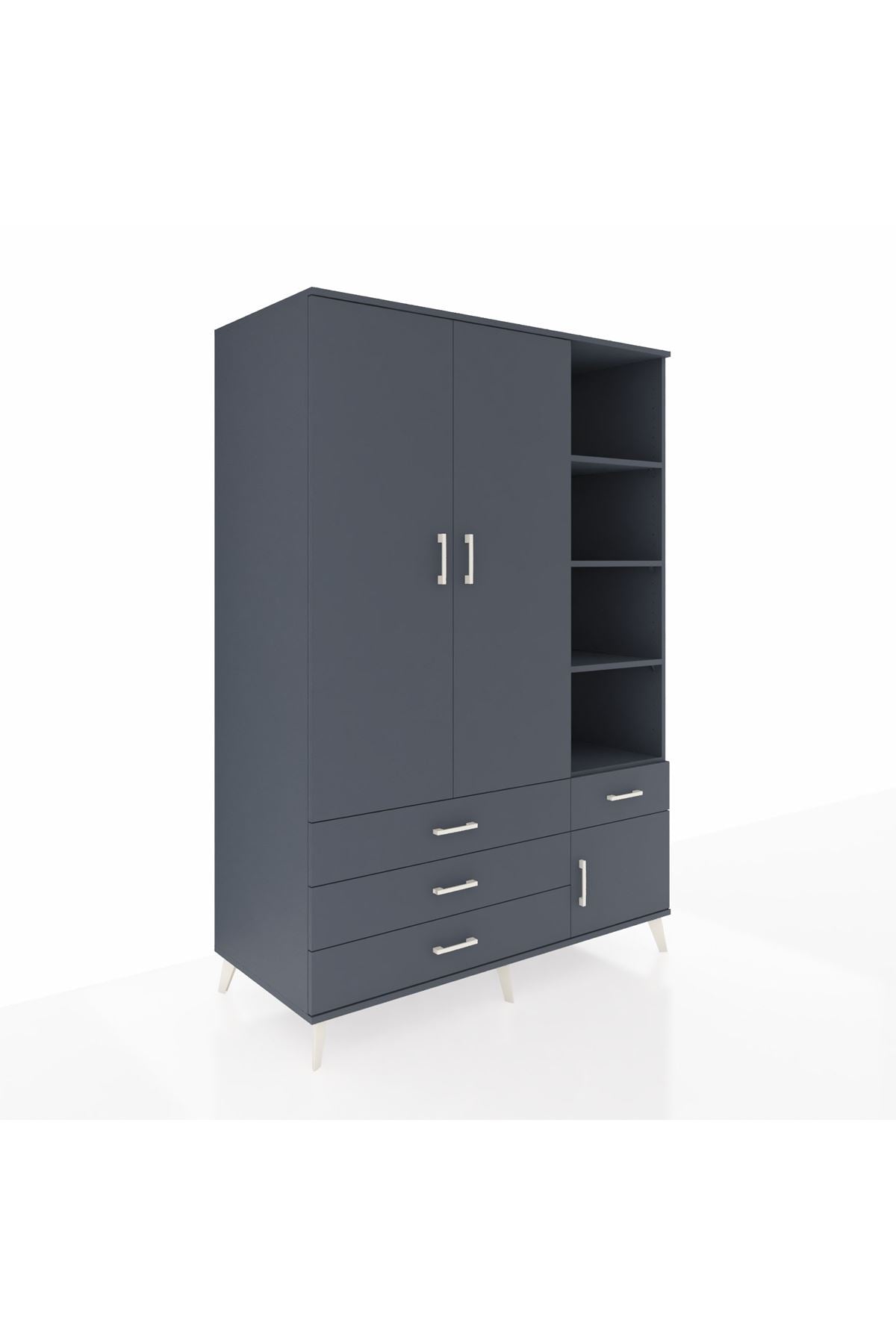 Kronos Dolap 5 Raflı 4 Çekmeceli Tek Askılı 132x59x195 Antrasit-Antrasit/Antrasit