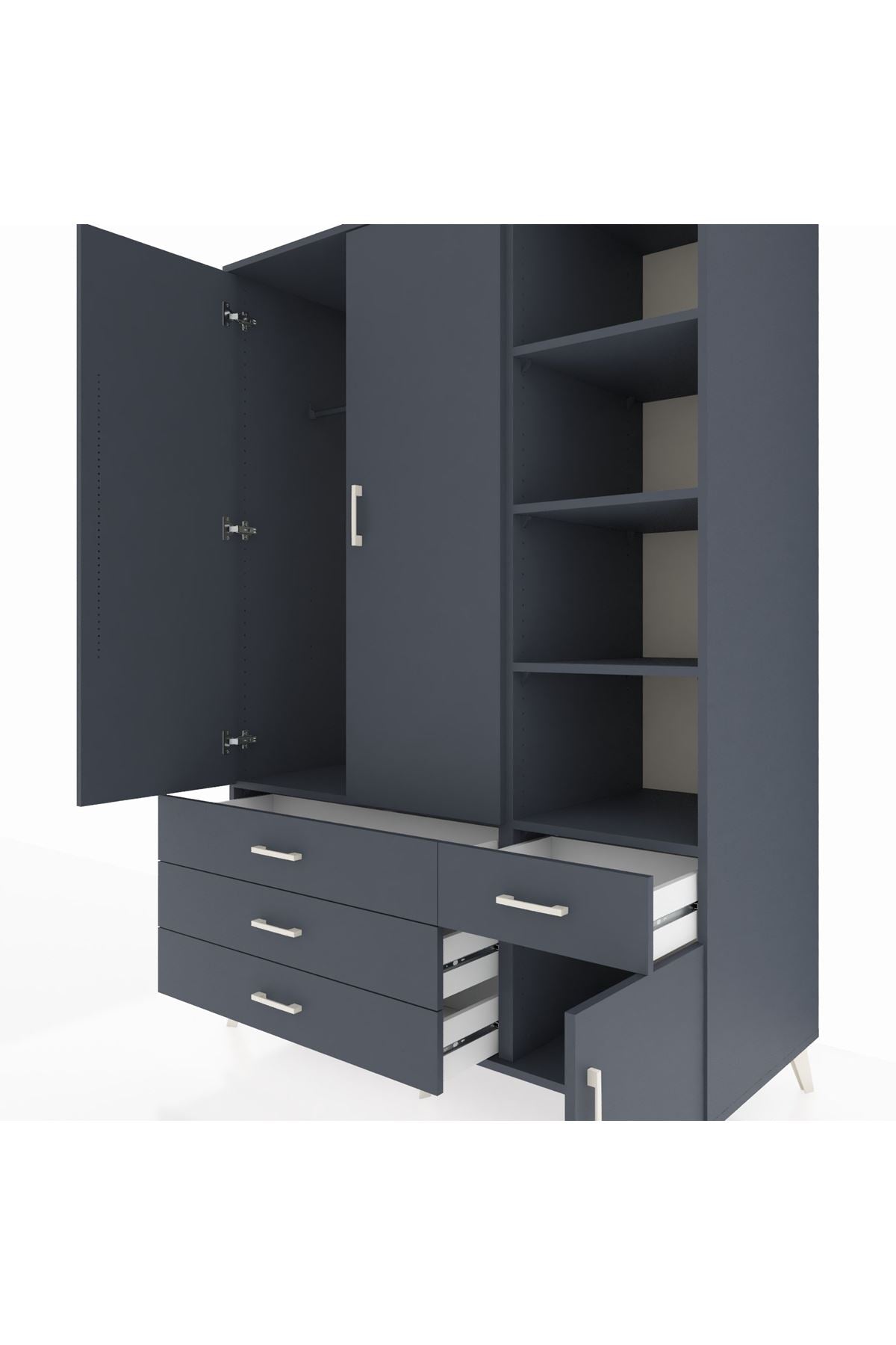 Kronos Dolap 5 Raflı 4 Çekmeceli Tek Askılı 132x59x195 Antrasit-Antrasit/Antrasit