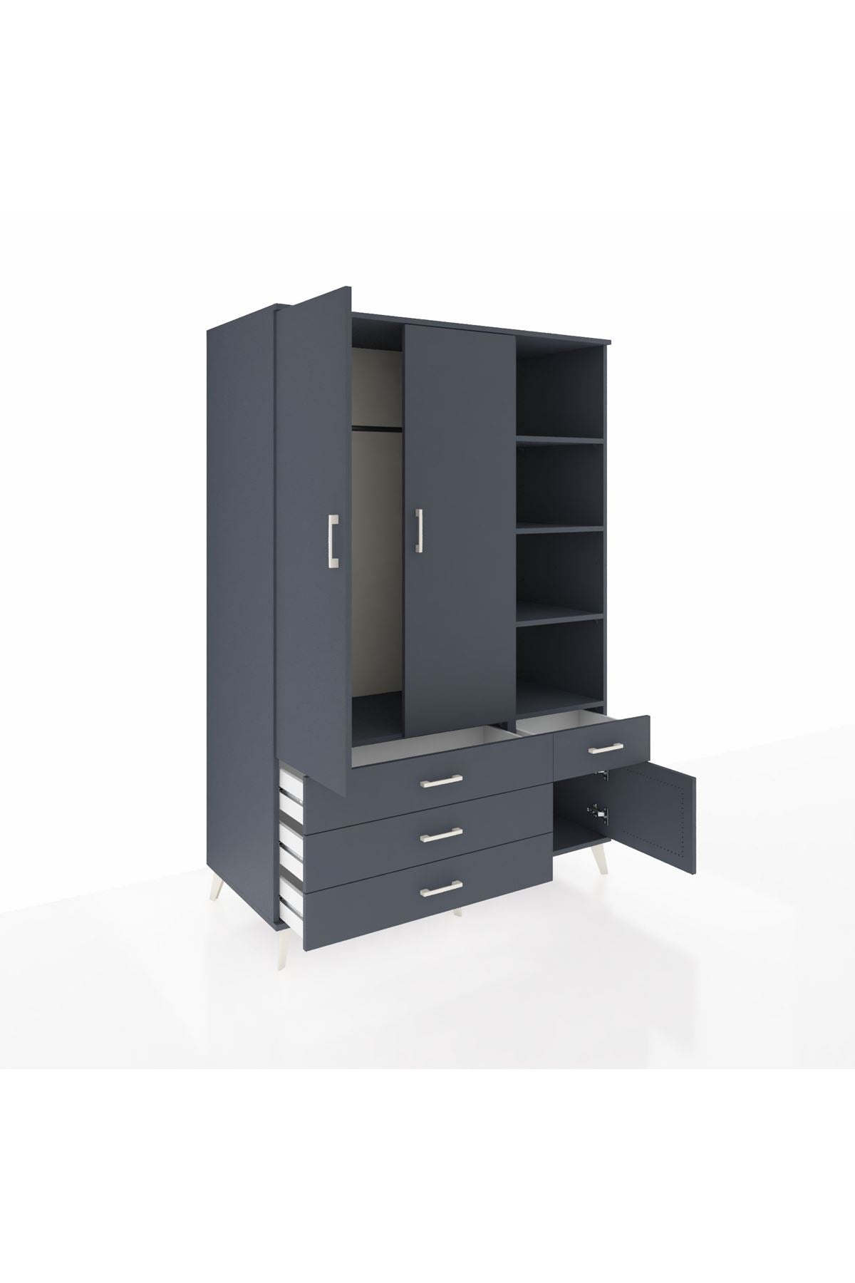 Kronos Dolap 5 Raflı 4 Çekmeceli Tek Askılı 132x59x195 Antrasit-Antrasit/Antrasit