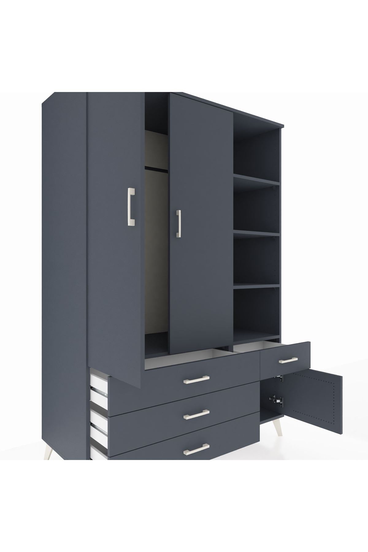 Kronos Dolap 5 Raflı 4 Çekmeceli Tek Askılı 132x59x195 Antrasit-Antrasit/Antrasit