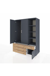 Kronos Dolap 5 Raflı 4 Çekmeceli Tek Askılı 132x59x195 Antrasit-Antrasit/Çam