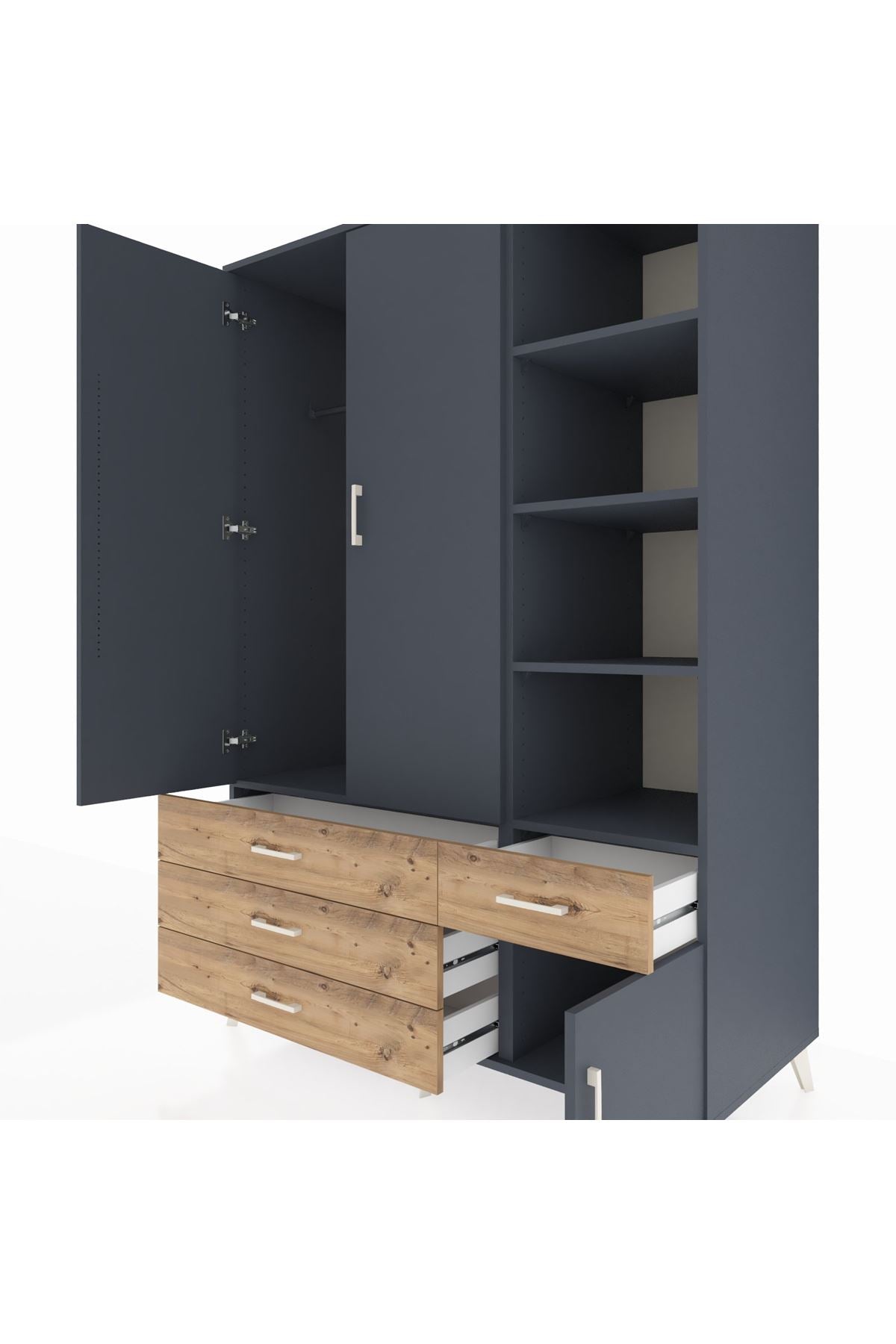 Kronos Dolap 5 Raflı 4 Çekmeceli Tek Askılı 132x59x195 Antrasit-Antrasit/Çam