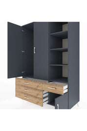 Kronos Dolap 5 Raflı 4 Çekmeceli Tek Askılı 132x59x195 Antrasit-Antrasit/Çam