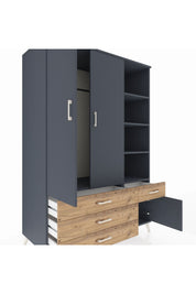 Kronos Dolap 5 Raflı 4 Çekmeceli Tek Askılı 132x59x195 Antrasit-Antrasit/Çam