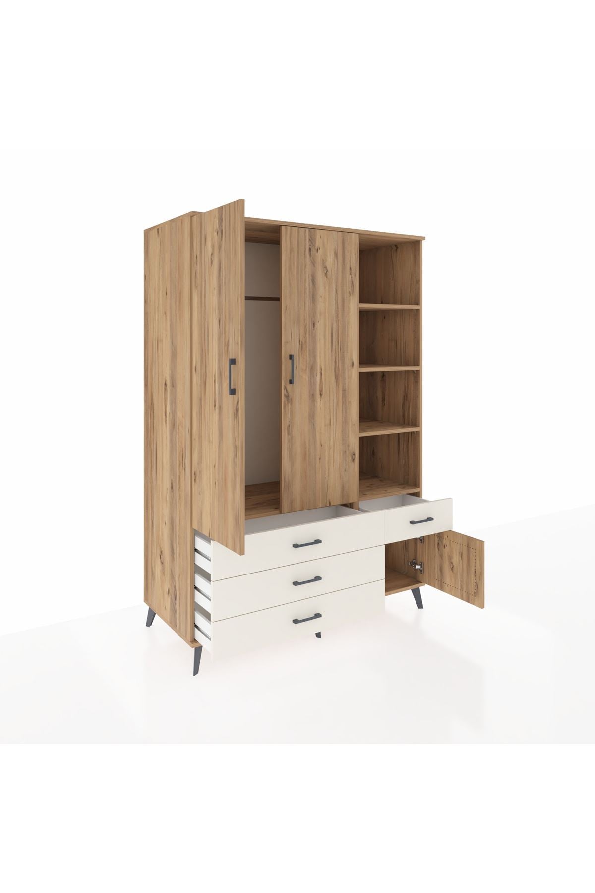 Kronos Dolap 5 Raflı 4 Çekmeceli Tek Askılı 132x59x195 Çam-Çam/Aytaşı