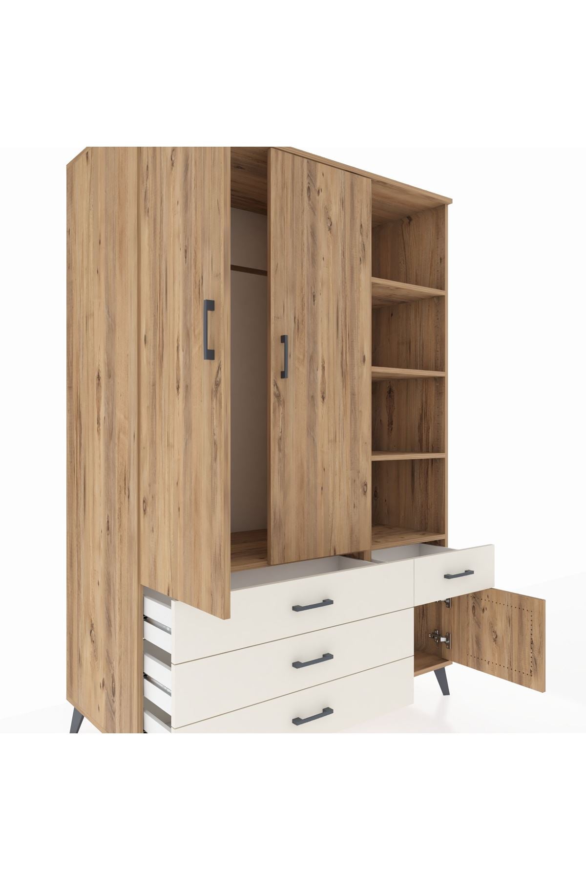 Kronos Dolap 5 Raflı 4 Çekmeceli Tek Askılı 132x59x195 Çam-Çam/Aytaşı