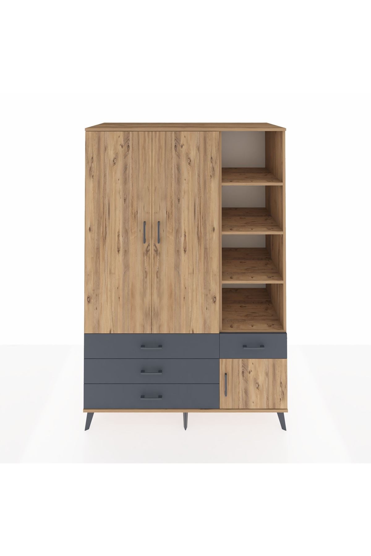 Kronos Dolap 5 Raflı 4 Çekmeceli Tek Askılı 132x59x195 Çam-Çam/Antrasit