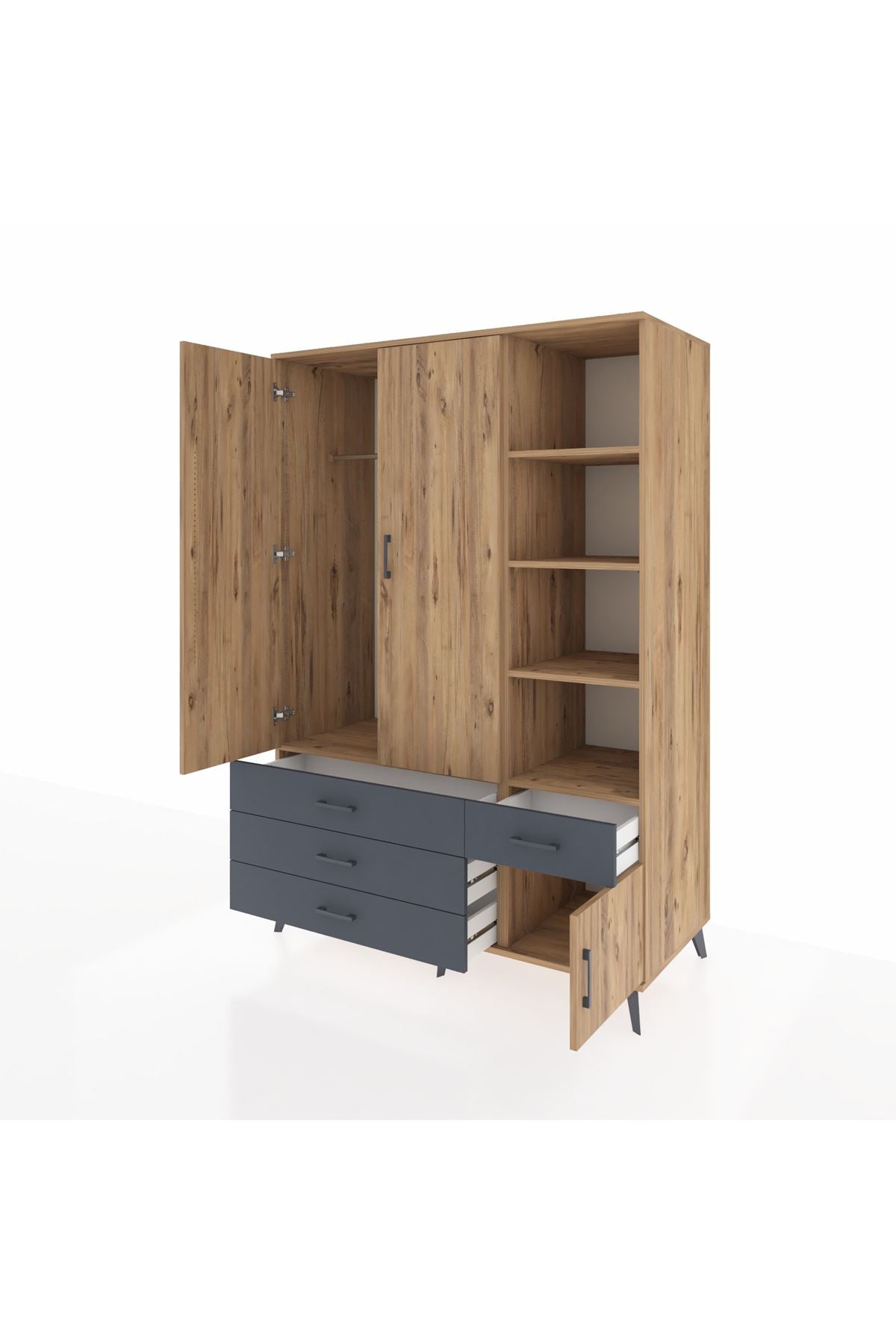 Kronos Dolap 5 Raflı 4 Çekmeceli Tek Askılı 132x59x195 Çam-Çam/Antrasit