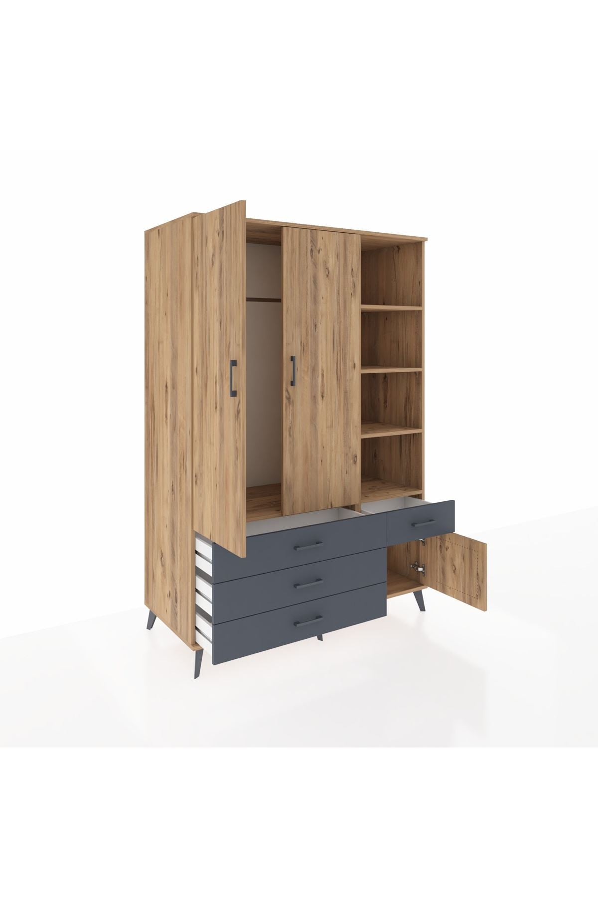 Kronos Dolap 5 Raflı 4 Çekmeceli Tek Askılı 132x59x195 Çam-Çam/Antrasit