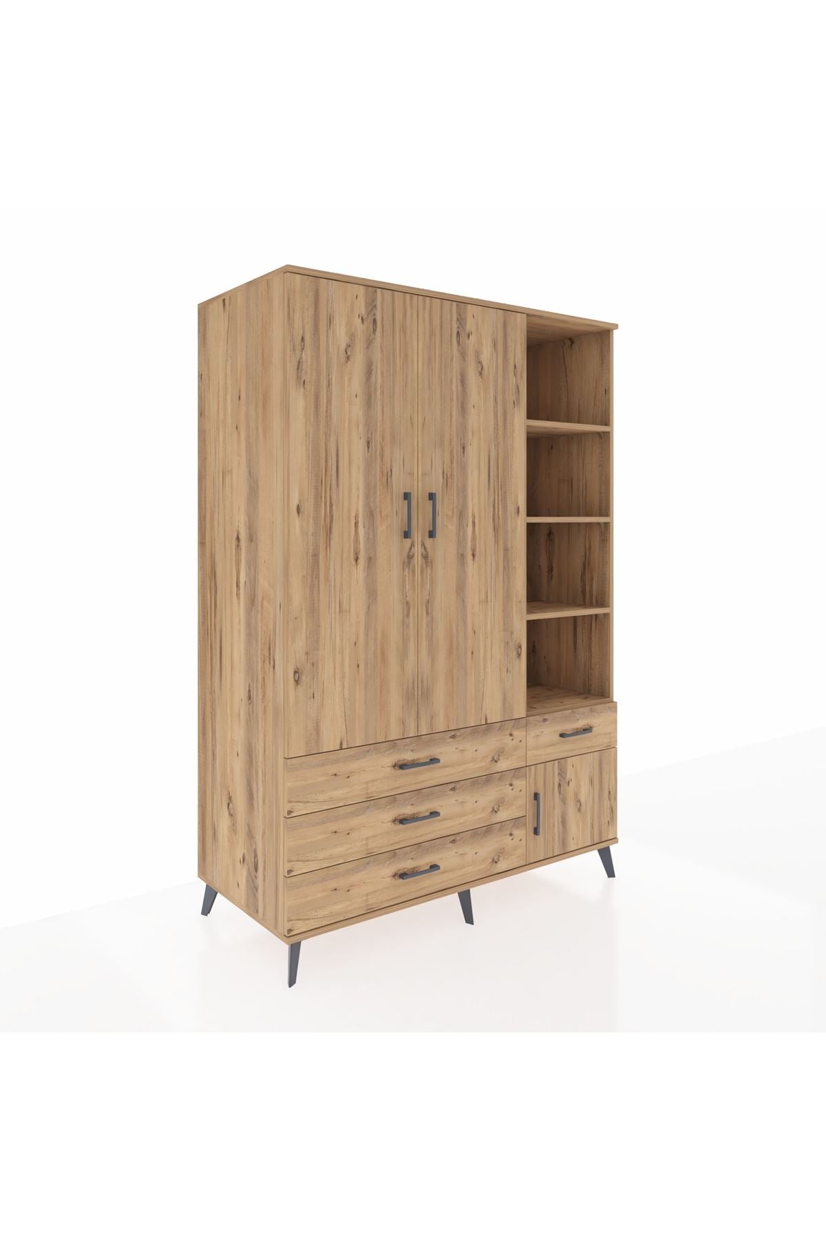 Kronos Dolap 5 Raflı 4 Çekmeceli Tek Askılı 132x59x195 Çam-Çam/Çam