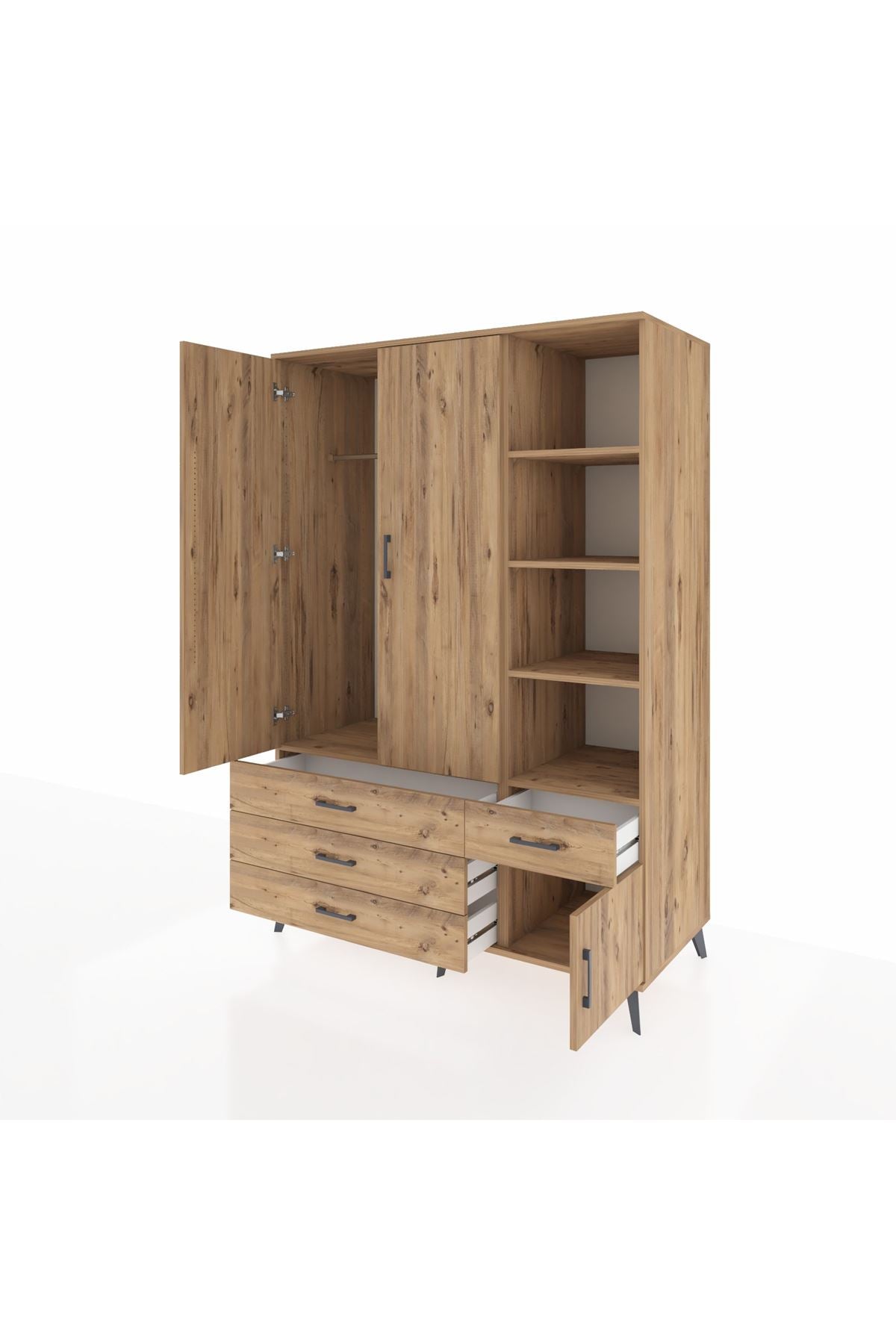 Kronos Dolap 5 Raflı 4 Çekmeceli Tek Askılı 132x59x195 Çam-Çam/Çam