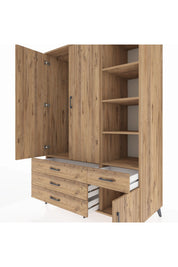 Kronos Dolap 5 Raflı 4 Çekmeceli Tek Askılı 132x59x195 Çam-Çam/Çam