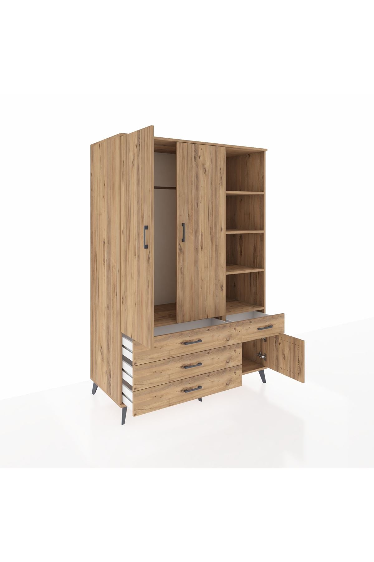 Kronos Dolap 5 Raflı 4 Çekmeceli Tek Askılı 132x59x195 Çam-Çam/Çam