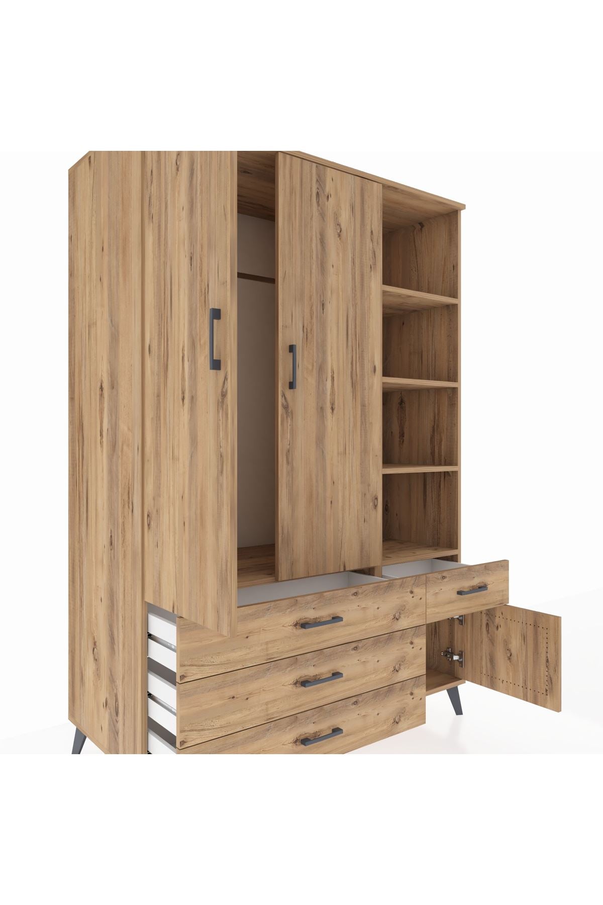 Kronos Dolap 5 Raflı 4 Çekmeceli Tek Askılı 132x59x195 Çam-Çam/Çam