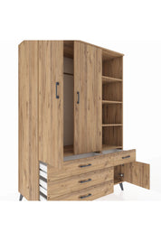 Kronos Dolap 5 Raflı 4 Çekmeceli Tek Askılı 132x59x195 Çam-Çam/Çam