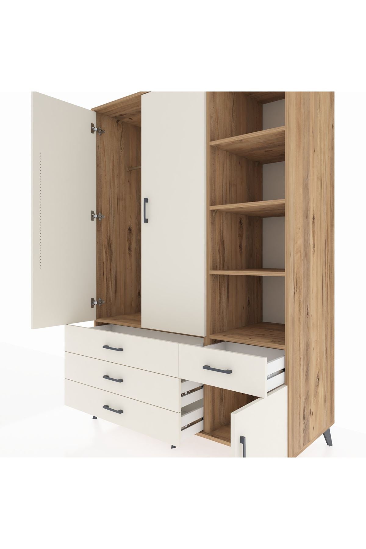 Kronos Dolap 5 Raflı 4 Çekmeceli Tek Askılı 132x59x195 Çam-Aytaşı/Aytaşı