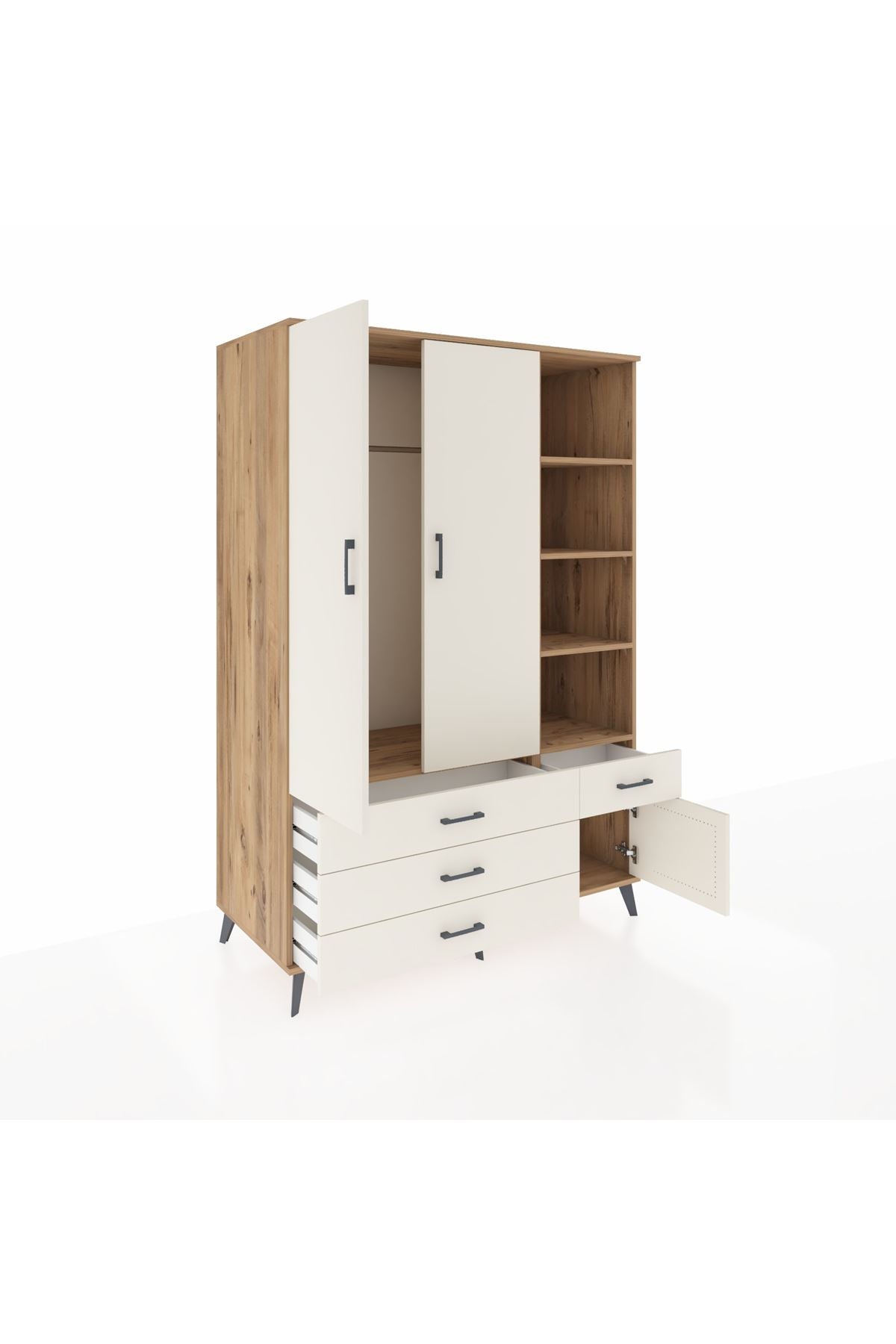 Kronos Dolap 5 Raflı 4 Çekmeceli Tek Askılı 132x59x195 Çam-Aytaşı/Aytaşı