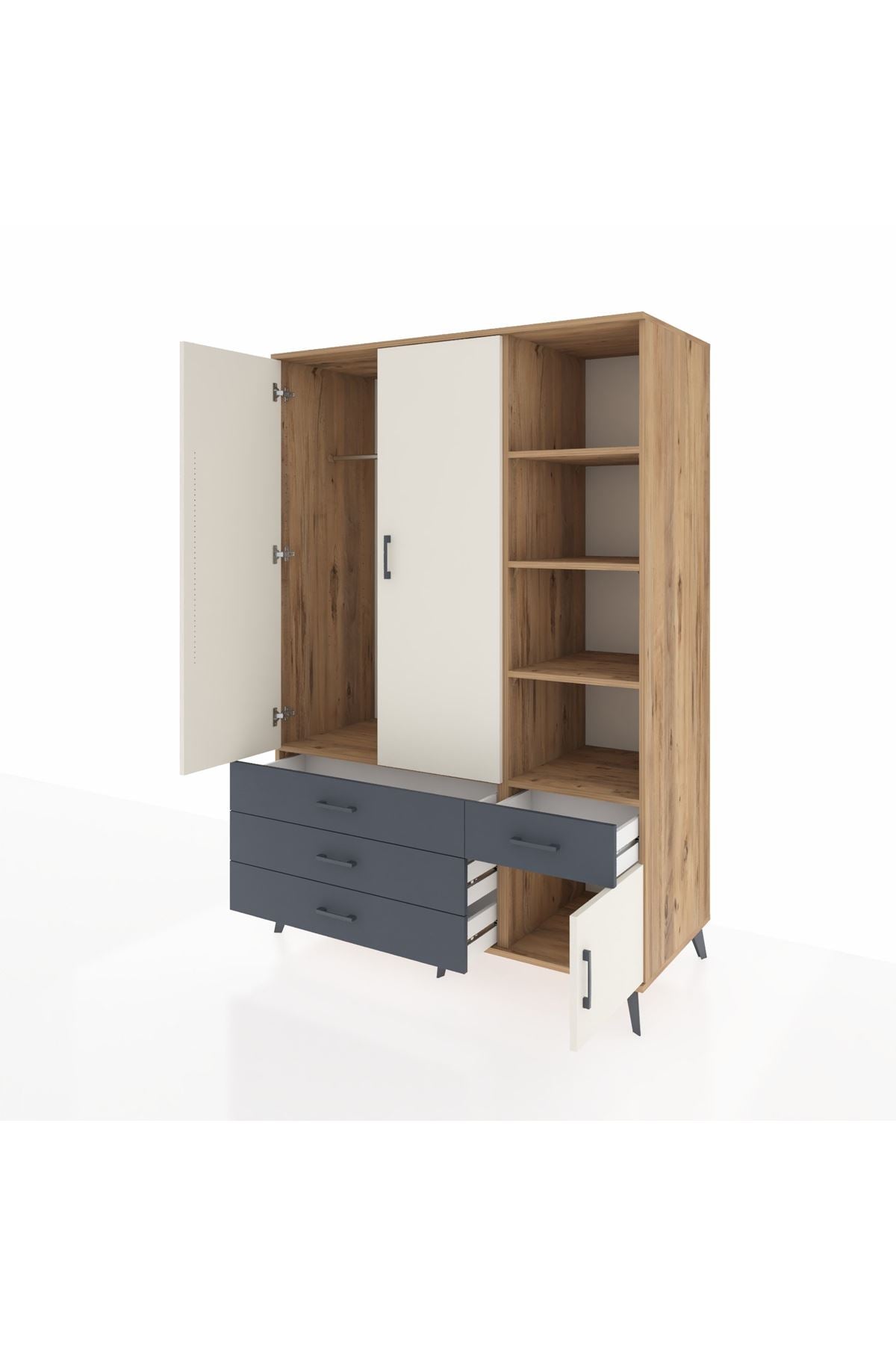 Kronos Dolap 5 Raflı 4 Çekmeceli Tek Askılı 132x59x195 Çam-Aytaşı/Antrasit