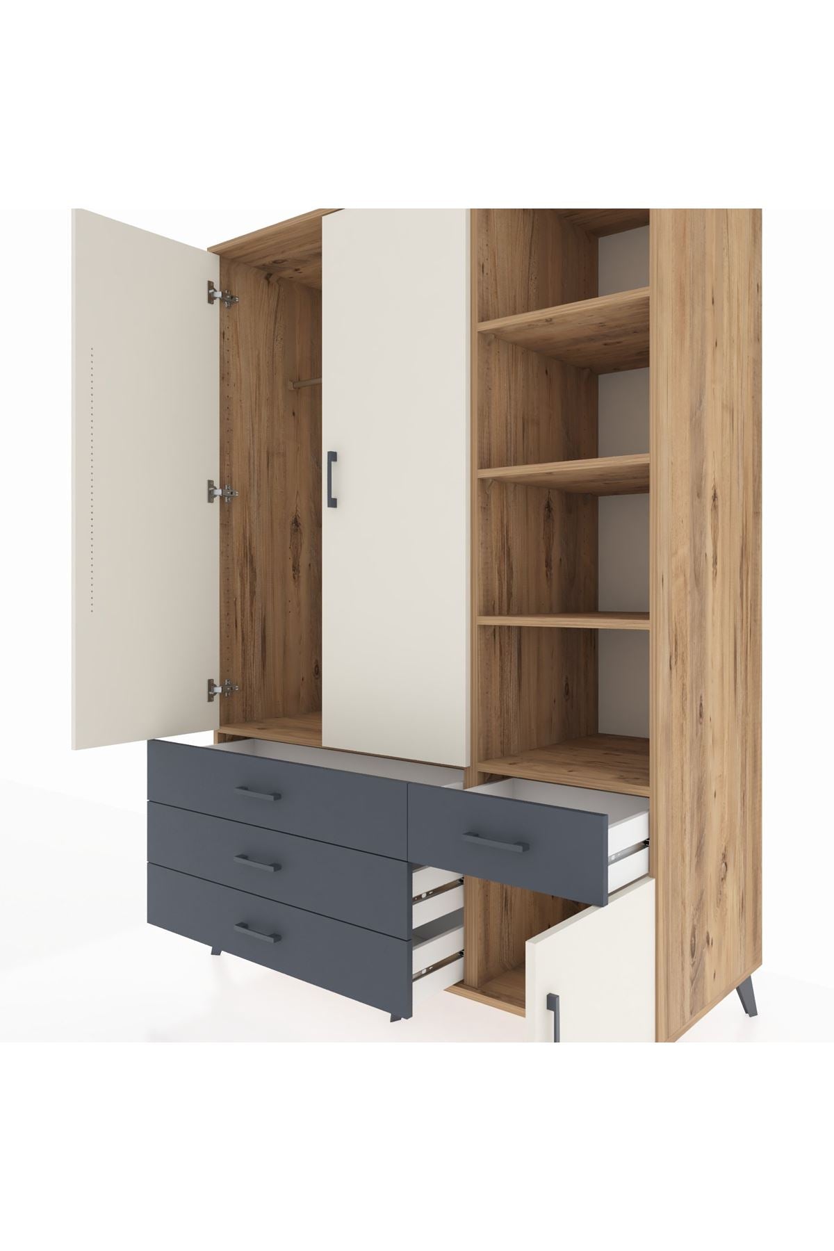 Kronos Dolap 5 Raflı 4 Çekmeceli Tek Askılı 132x59x195 Çam-Aytaşı/Antrasit