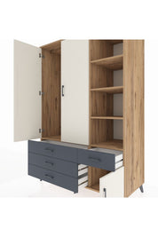 Kronos Dolap 5 Raflı 4 Çekmeceli Tek Askılı 132x59x195 Çam-Aytaşı/Antrasit