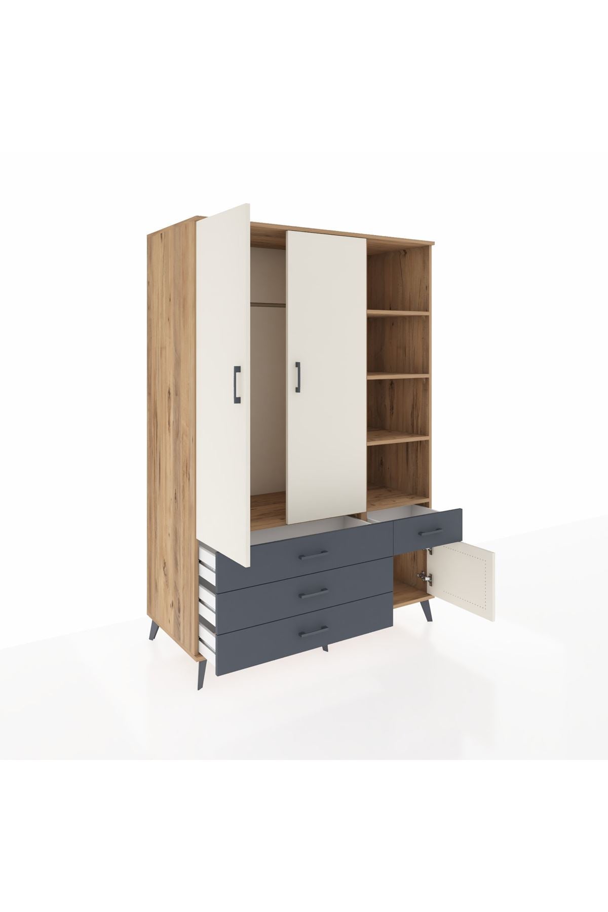 Kronos Dolap 5 Raflı 4 Çekmeceli Tek Askılı 132x59x195 Çam-Aytaşı/Antrasit