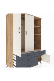 Kronos Dolap 5 Raflı 4 Çekmeceli Tek Askılı 132x59x195 Çam-Aytaşı/Antrasit