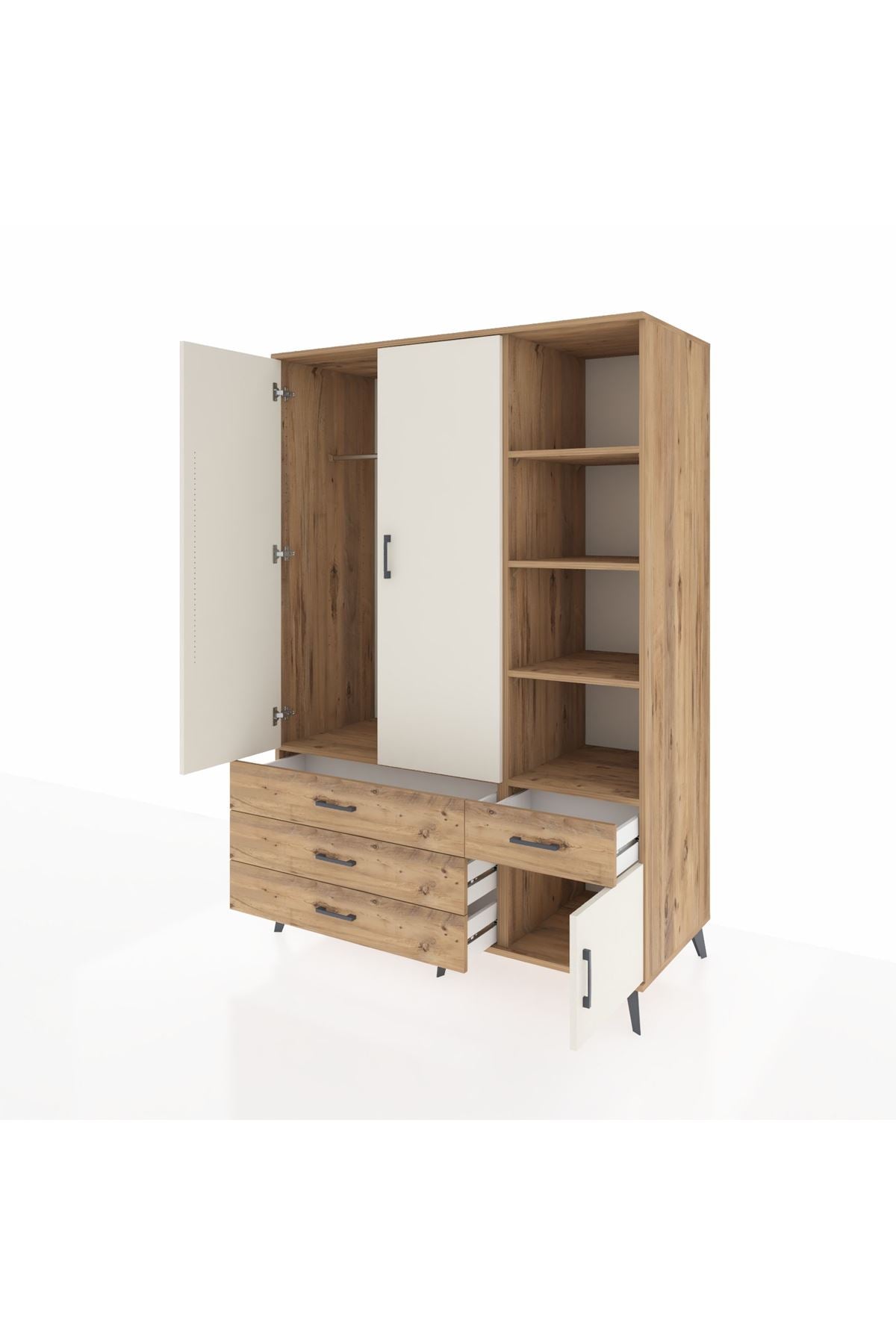 Kronos Dolap 5 Raflı 4 Çekmeceli Tek Askılı 132x59x195 Çam-Aytaşı/Çam