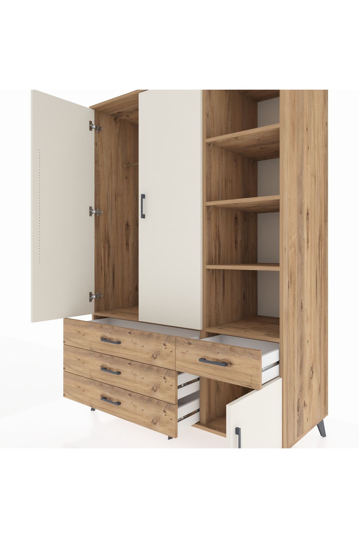 Kronos Dolap 5 Raflı 4 Çekmeceli Tek Askılı 132x59x195 Çam-Aytaşı/Çam