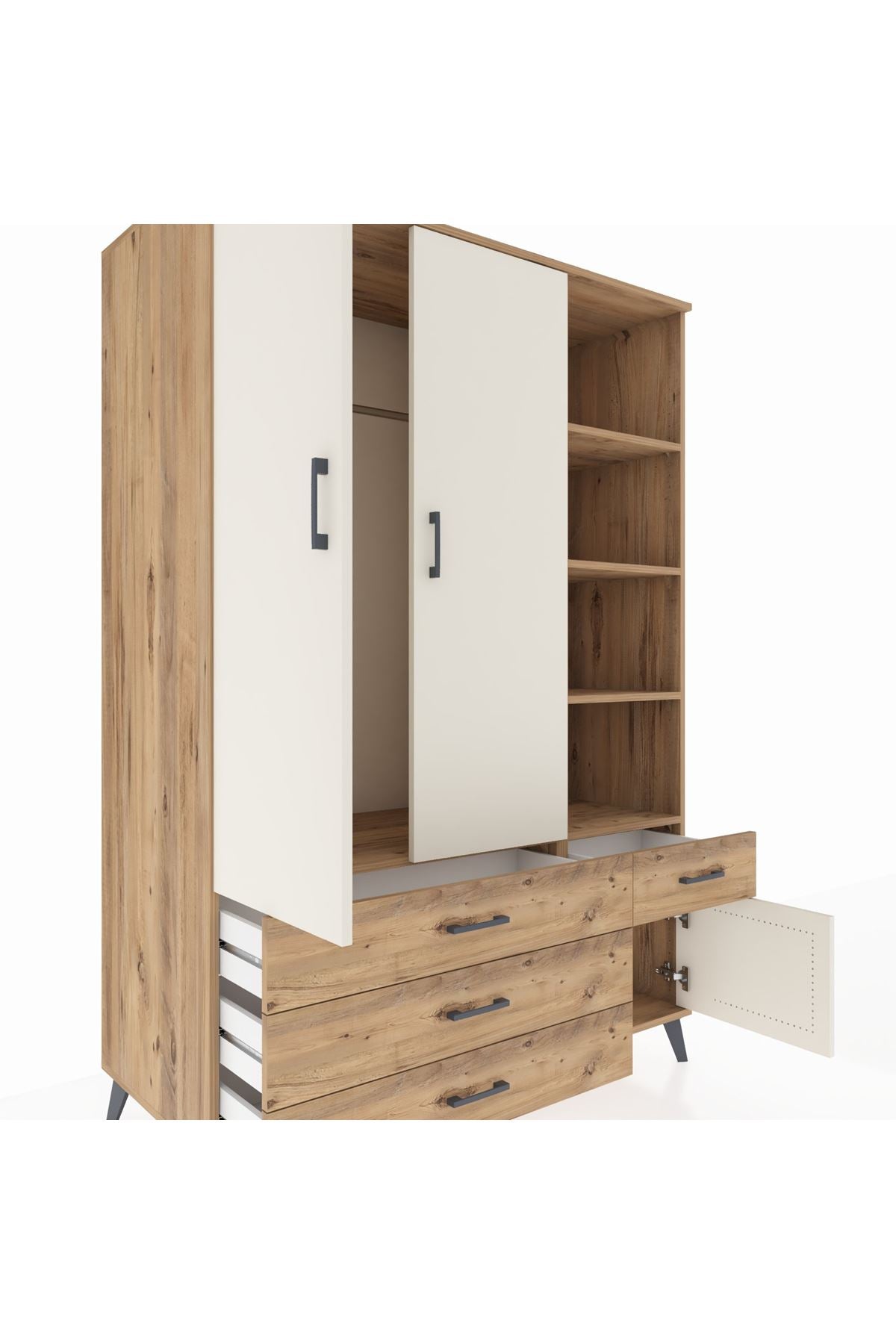 Kronos Dolap 5 Raflı 4 Çekmeceli Tek Askılı 132x59x195 Çam-Aytaşı/Çam