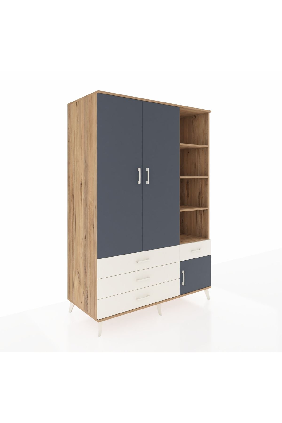 Kronos Dolap 5 Raflı 4 Çekmeceli Tek Askılı 132x59x195 Çam-Antrasit/Aytaşı