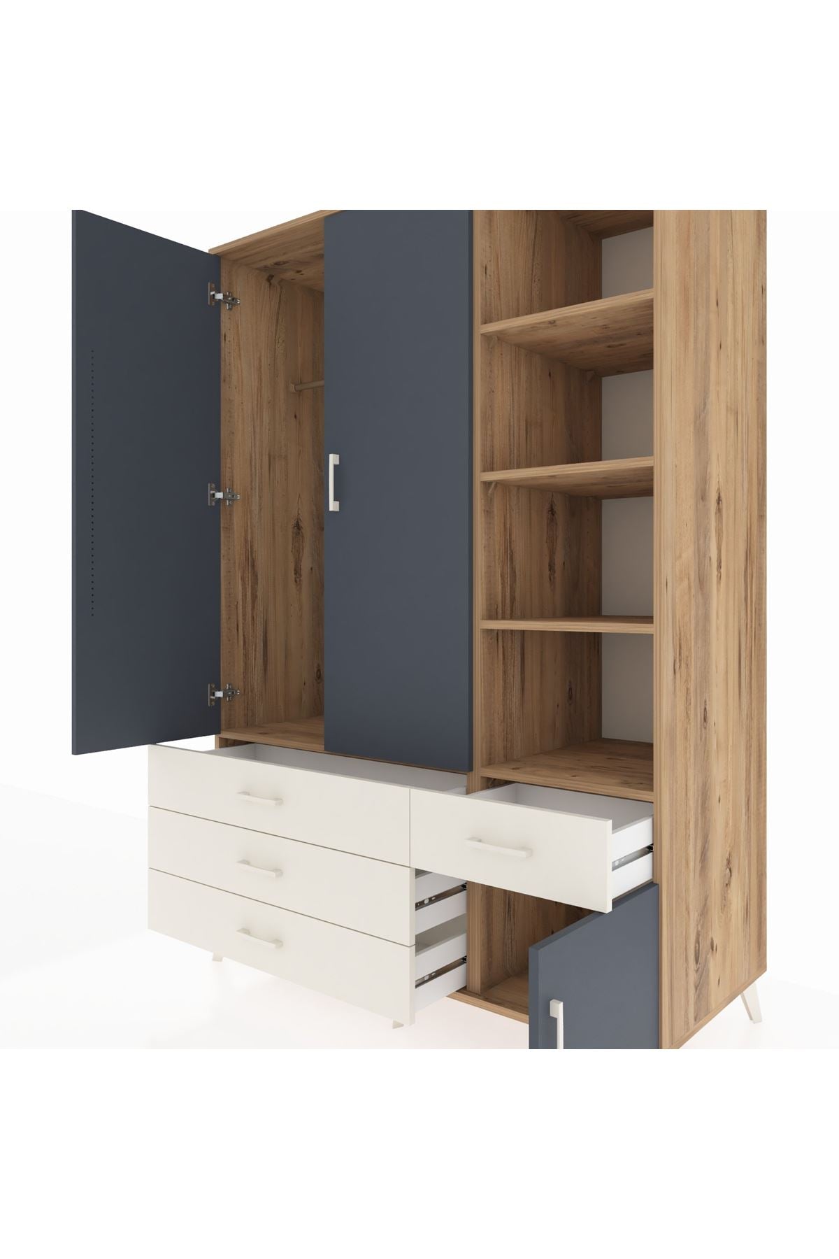 Kronos Dolap 5 Raflı 4 Çekmeceli Tek Askılı 132x59x195 Çam-Antrasit/Aytaşı