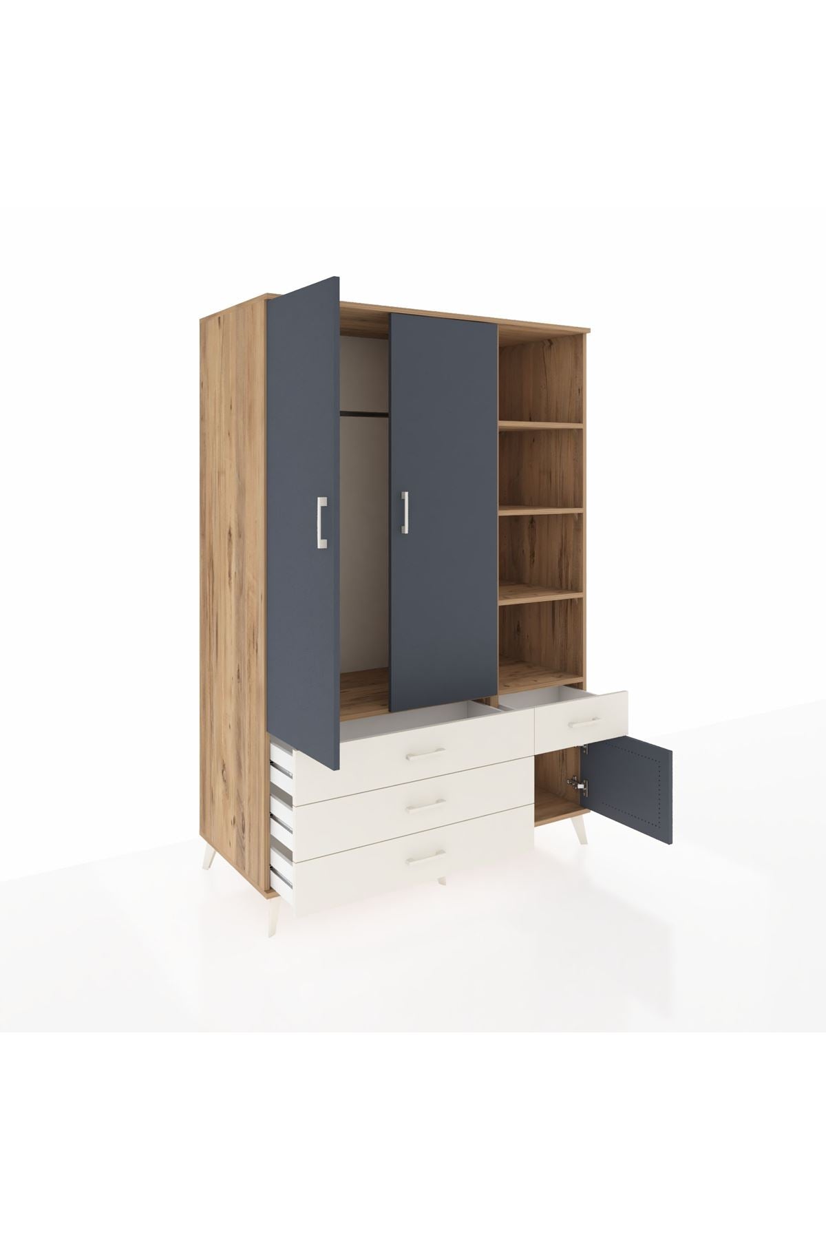 Kronos Dolap 5 Raflı 4 Çekmeceli Tek Askılı 132x59x195 Çam-Antrasit/Aytaşı