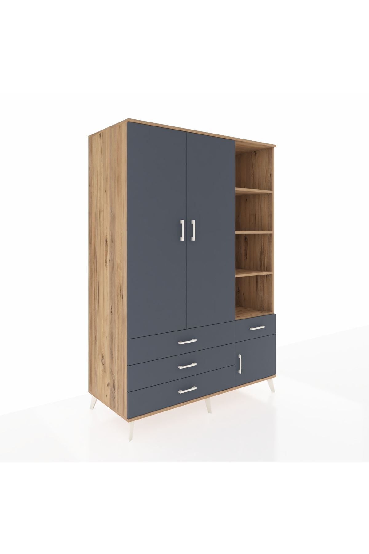 Kronos Dolap 5 Raflı 4 Çekmeceli Tek Askılı 132x59x195 Çam-Antrasit/Antrasit