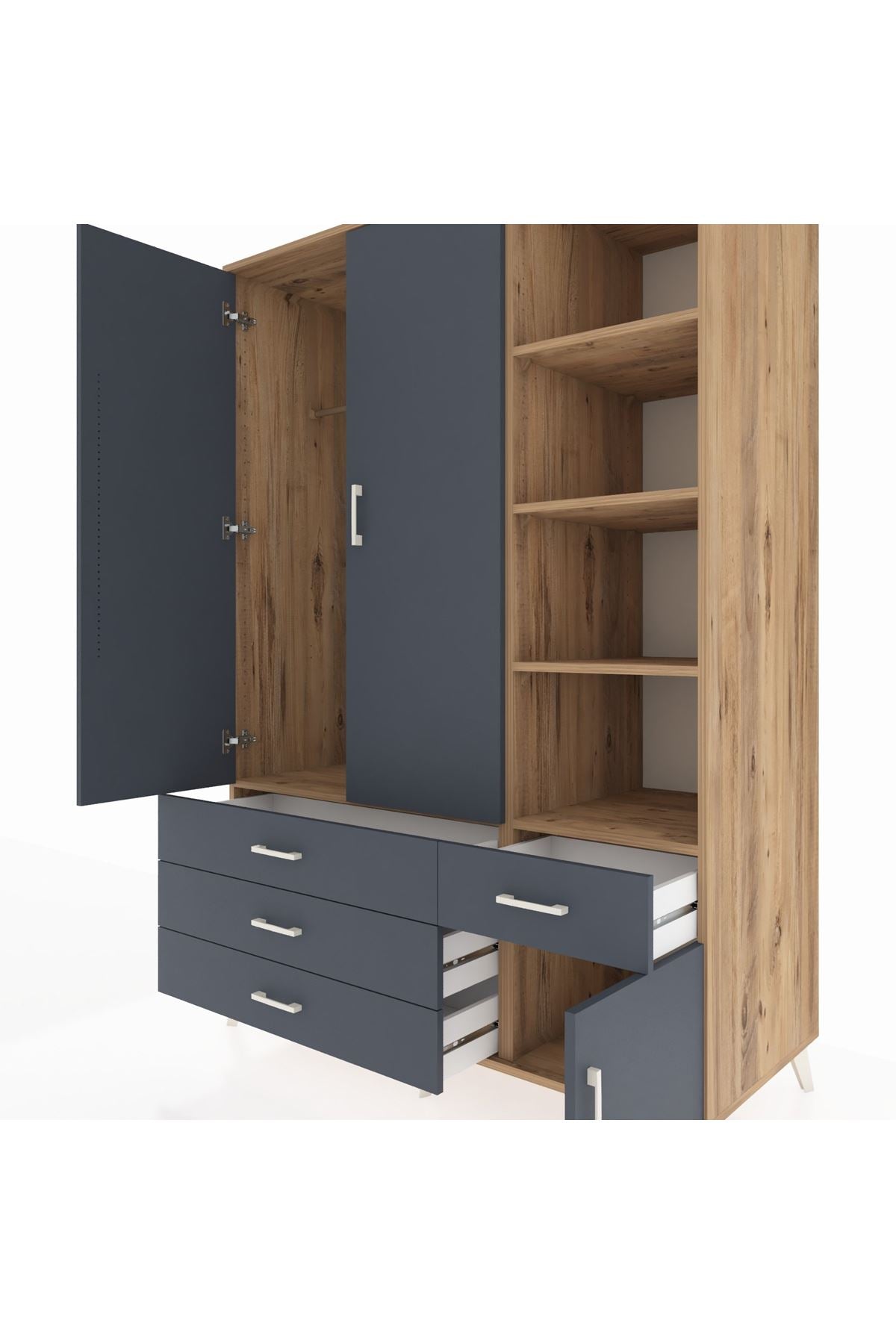 Kronos Dolap 5 Raflı 4 Çekmeceli Tek Askılı 132x59x195 Çam-Antrasit/Antrasit