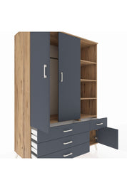 Kronos Dolap 5 Raflı 4 Çekmeceli Tek Askılı 132x59x195 Çam-Antrasit/Antrasit