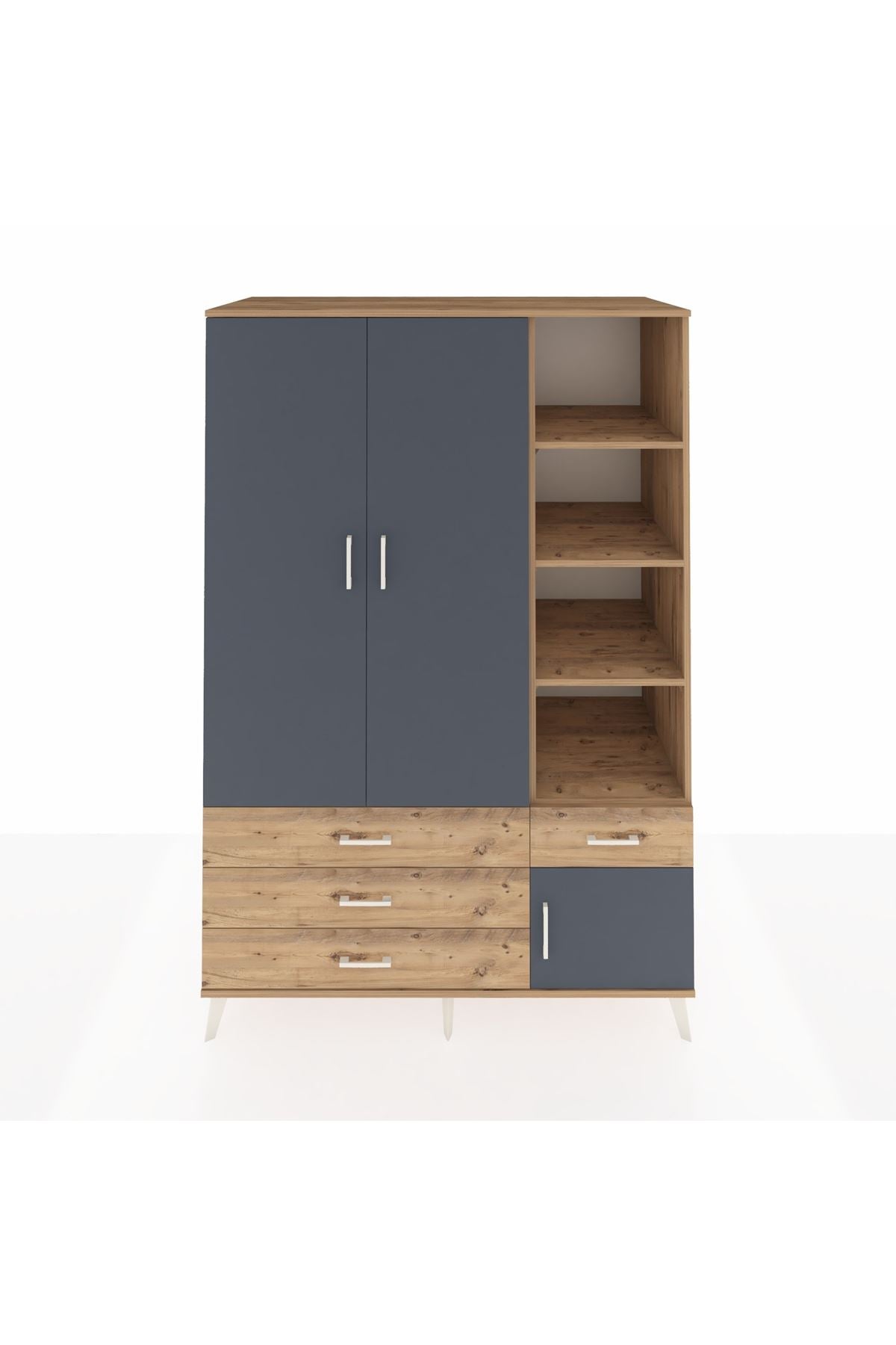 Kronos Dolap 5 Raflı 4 Çekmeceli Tek Askılı 132x59x195 Çam-Antrasit/Çam