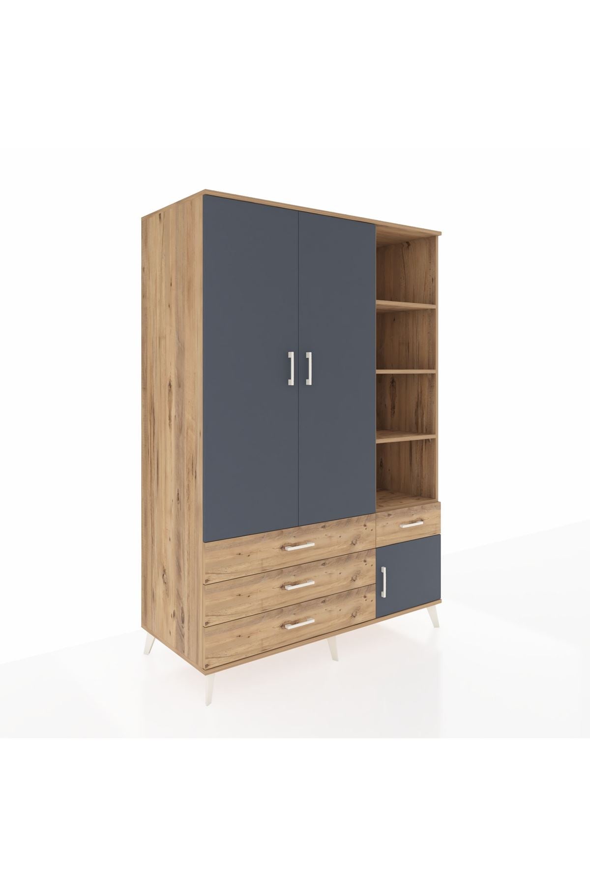 Kronos Dolap 5 Raflı 4 Çekmeceli Tek Askılı 132x59x195 Çam-Antrasit/Çam