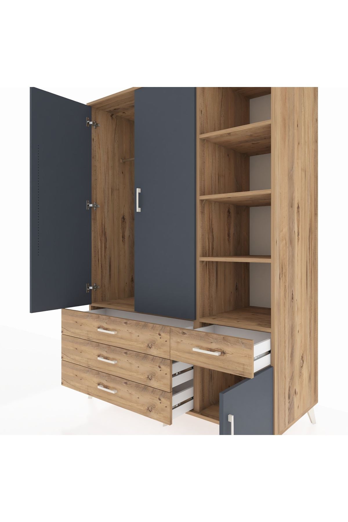 Kronos Dolap 5 Raflı 4 Çekmeceli Tek Askılı 132x59x195 Çam-Antrasit/Çam