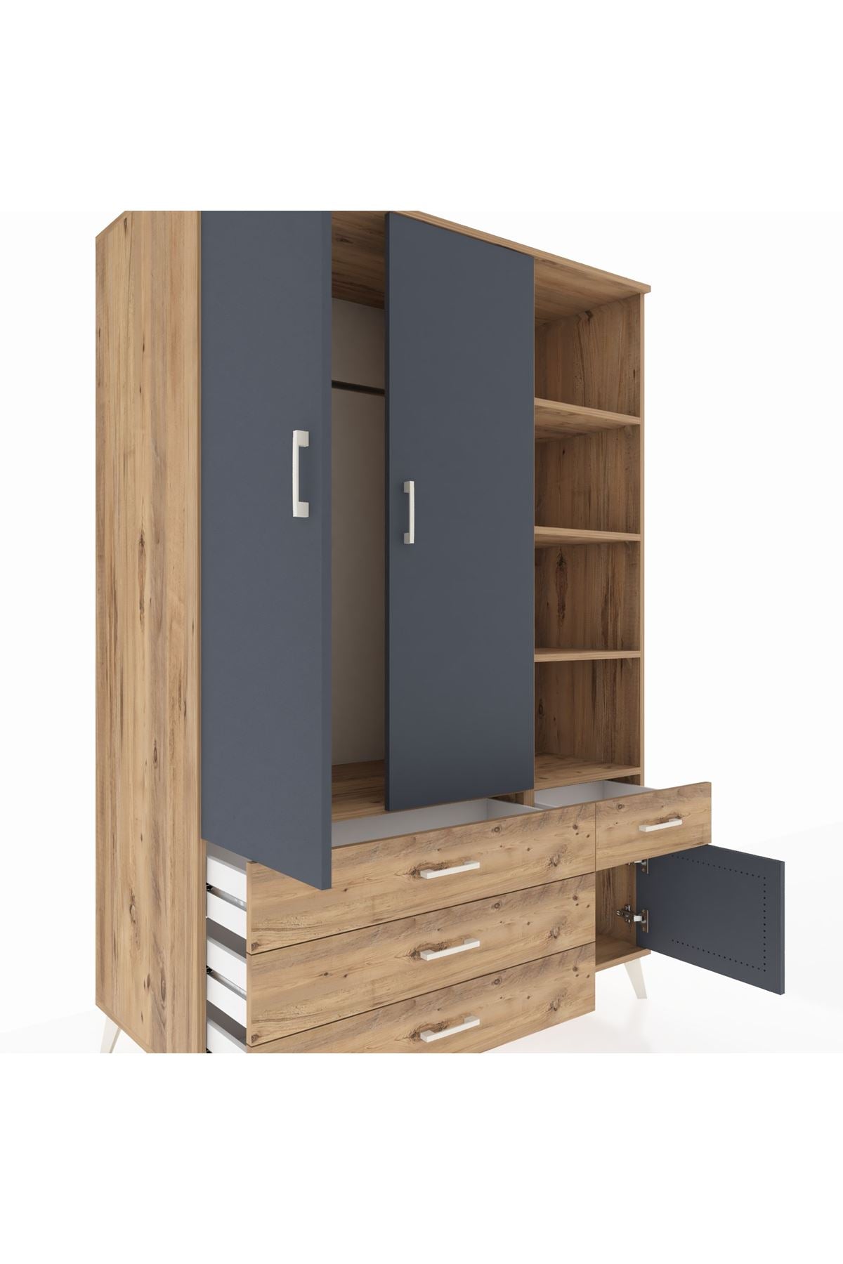 Kronos Dolap 5 Raflı 4 Çekmeceli Tek Askılı 132x59x195 Çam-Antrasit/Çam