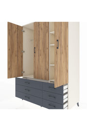 Kronos Dolap 5 Raflı 6 Çekmeceli Tek Askılı 132x59x195 Aytaşı-Çam/Antrasit