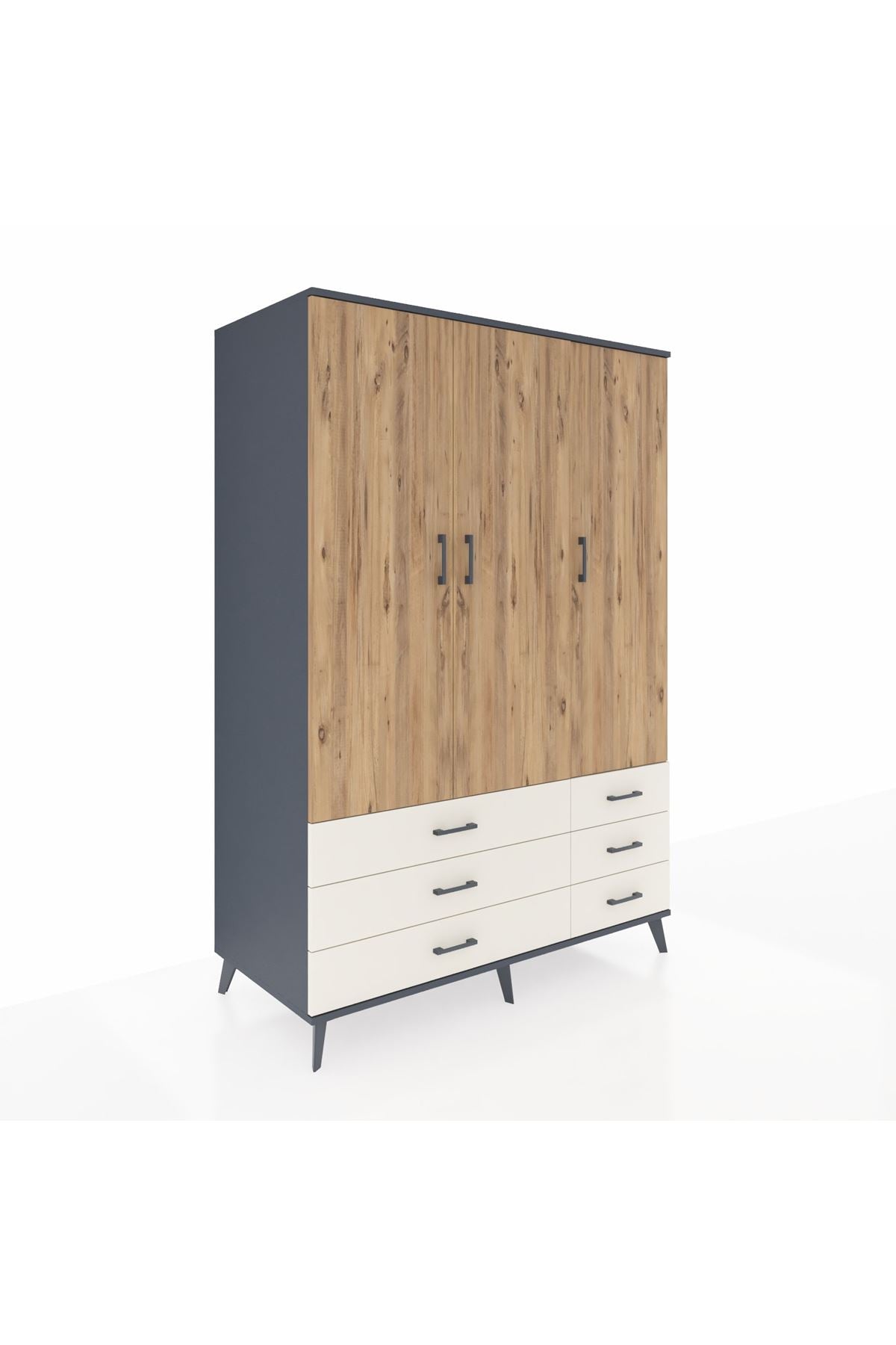 Kronos Dolap 5 Raflı 6 Çekmeceli Tek Askılı 132x59x195 Antrasit-Çam/Aytaşı