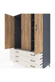 Kronos Dolap 5 Raflı 6 Çekmeceli Tek Askılı 132x59x195 Antrasit-Çam/Aytaşı