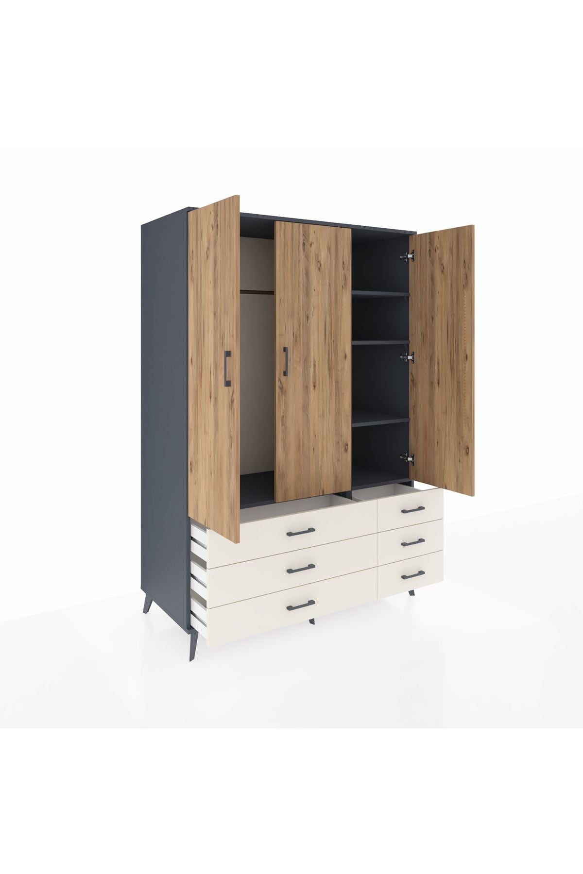 Kronos Dolap 5 Raflı 6 Çekmeceli Tek Askılı 132x59x195 Antrasit-Çam/Aytaşı