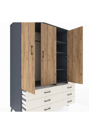 Kronos Dolap 5 Raflı 6 Çekmeceli Tek Askılı 132x59x195 Antrasit-Çam/Aytaşı