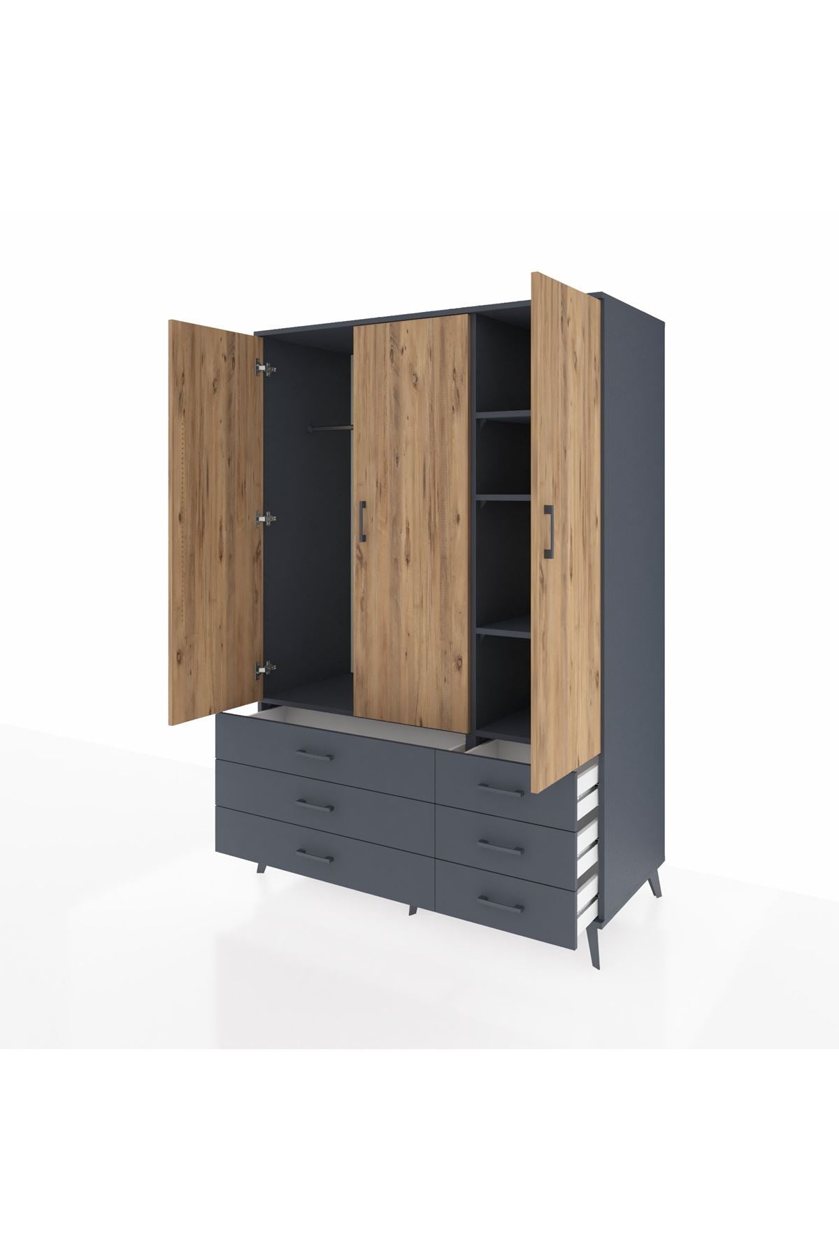 Kronos Dolap 5 Raflı 6 Çekmeceli Tek Askılı 132x59x195 Antrasit-Çam/Antrasit