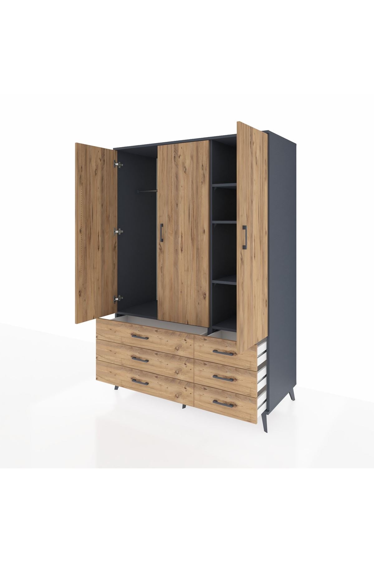 Kronos Dolap 5 Raflı 6 Çekmeceli Tek Askılı 132x59x195 Antrasit-Çam/Çam