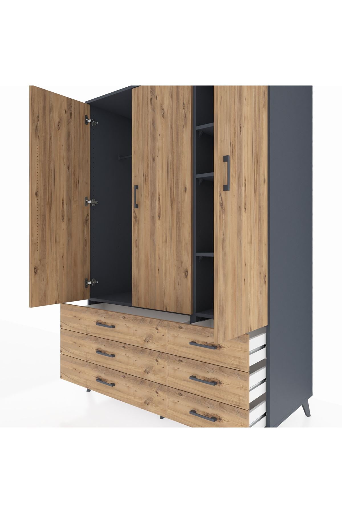 Kronos Dolap 5 Raflı 6 Çekmeceli Tek Askılı 132x59x195 Antrasit-Çam/Çam